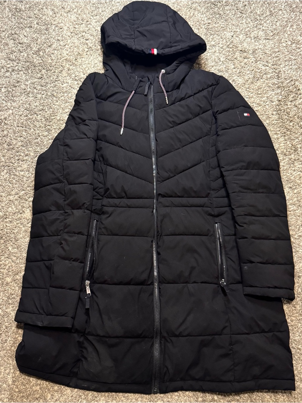 Tommy Hilfiger Women's THFLEX Black Quilted Hooded Long Puffer Coat Water resist